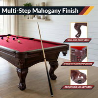Augusta 8 Foot Pool Table with Complete Accessories – Classic Full Size Billiard Table for Home Use – Classic Ball and Claw Legs, Inlaid Sights, K-66 Cushions – Mahogany Finish with Red Felt