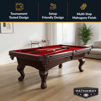 Augusta 8 Foot Pool Table with Complete Accessories – Classic Full Size Billiard Table for Home Use – Classic Ball and Claw Legs, Inlaid Sights, K-66 Cushions – Mahogany Finish with Red Felt