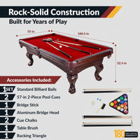 Augusta 8 Foot Pool Table with Complete Accessories – Classic Full Size Billiard Table for Home Use – Classic Ball and Claw Legs, Inlaid Sights, K-66 Cushions – Mahogany Finish with Red Felt
