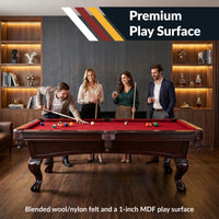 Augusta 8 Foot Pool Table with Complete Accessories – Classic Full Size Billiard Table for Home Use – Classic Ball and Claw Legs, Inlaid Sights, K-66 Cushions – Mahogany Finish with Red Felt
