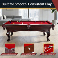 Augusta 8 Foot Pool Table with Complete Accessories – Classic Full Size Billiard Table for Home Use – Classic Ball and Claw Legs, Inlaid Sights, K-66 Cushions – Mahogany Finish with Red Felt