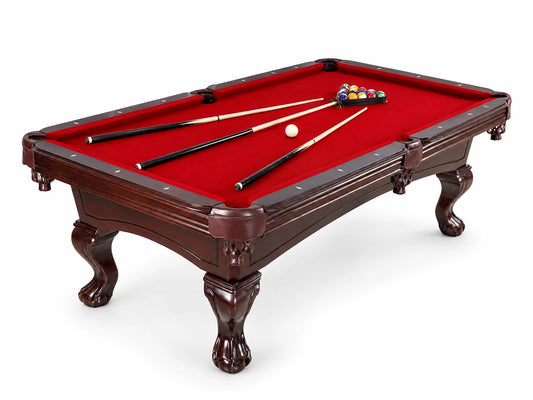 Augusta 8 Foot Pool Table with Complete Accessories – Classic Full Size Billiard Table for Home Use – Classic Ball and Claw Legs, Inlaid Sights, K-66 Cushions – Mahogany Finish with Red Felt — Studio Shot