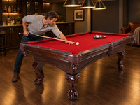 Augusta 8 Foot Pool Table with Complete Accessories – Classic Full Size Billiard Table for Home Use – Classic Ball and Claw Legs, Inlaid Sights, K-66 Cushions – Mahogany Finish with Red Felt — Lifestyle