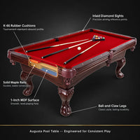 Augusta 8 Foot Pool Table with Complete Accessories – Classic Full Size Billiard Table for Home Use – Classic Ball and Claw Legs, Inlaid Sights, K-66 Cushions – Mahogany Finish with Red Felt — How It Works